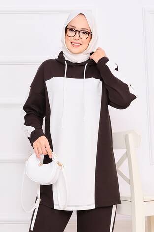 İki Renkli Kapüşonlu Tesettür İkili Takım Kahve - Thumbnail