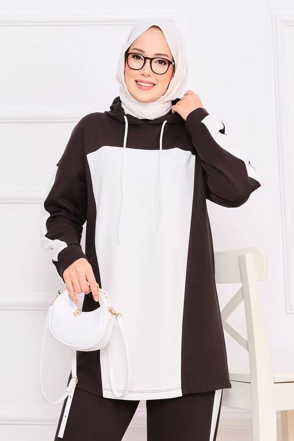 CVN - İki Renkli Kapüşonlu Tesettür İkili Takım Kahve (1)