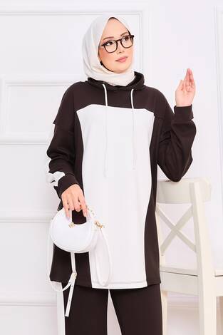 İki Renkli Kapüşonlu Tesettür İkili Takım Kahve - Thumbnail