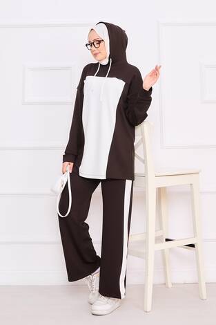 İki Renkli Kapüşonlu Tesettür İkili Takım Kahve - Thumbnail