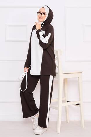 İki Renkli Kapüşonlu Tesettür İkili Takım Kahve - Thumbnail