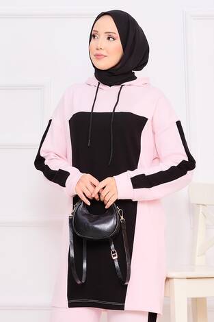 İki Renkli Kapüşonlu Tesettür İkili Takım Pudra - Thumbnail