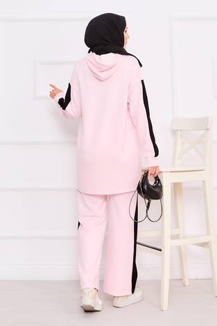 İki Renkli Kapüşonlu Tesettür İkili Takım Pudra - Thumbnail