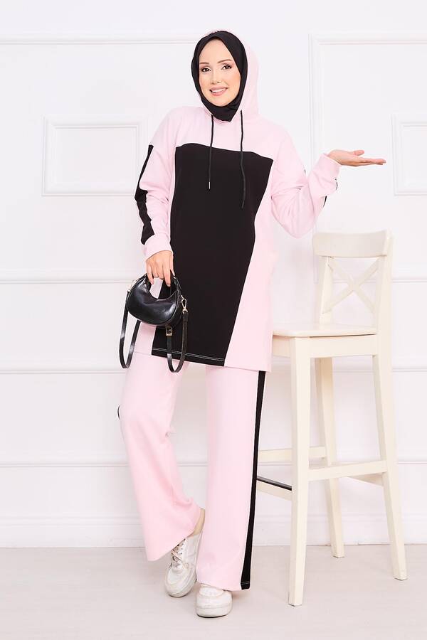CVN - İki Renkli Kapüşonlu Tesettür İkili Takım Pudra