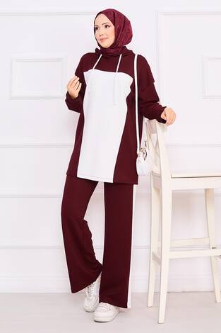 İki Renkli Kapüşonlu Tesettür İkili Takım Şarabi - Thumbnail