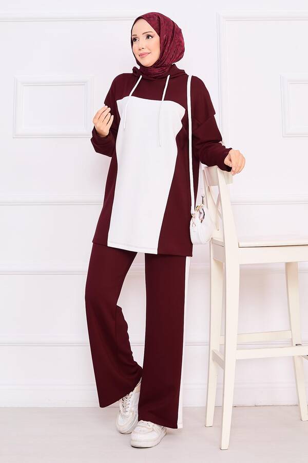 CVN - İki Renkli Kapüşonlu Tesettür İkili Takım Şarabi