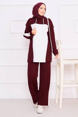 İki Renkli Kapüşonlu Tesettür İkili Takım Şarabi - Thumbnail