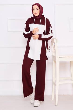 İki Renkli Kapüşonlu Tesettür İkili Takım Şarabi - Thumbnail