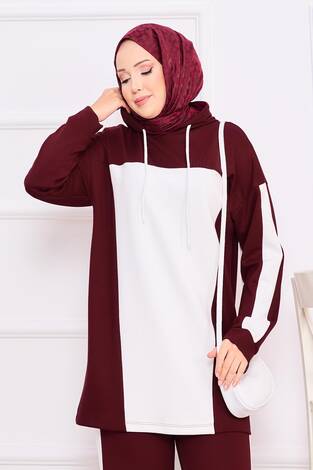 İki Renkli Kapüşonlu Tesettür İkili Takım Şarabi - Thumbnail