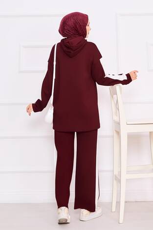 İki Renkli Kapüşonlu Tesettür İkili Takım Şarabi - Thumbnail