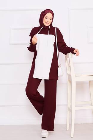 İki Renkli Kapüşonlu Tesettür İkili Takım Şarabi - Thumbnail