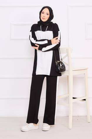 İki Renkli Kapüşonlu Tesettür İkili Takım Siyah - Thumbnail