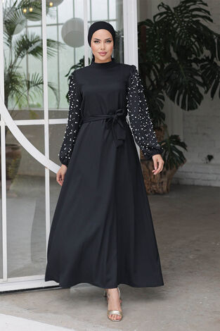 İnci Detaylı Elbise Siyah - Thumbnail