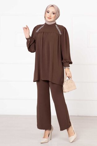 İnci Detaylı İkili Takım Kahve - Thumbnail