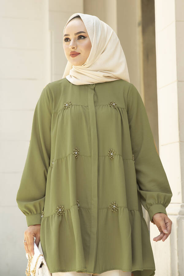 E - İnci Detaylı Salaş Tunik Haki (1)