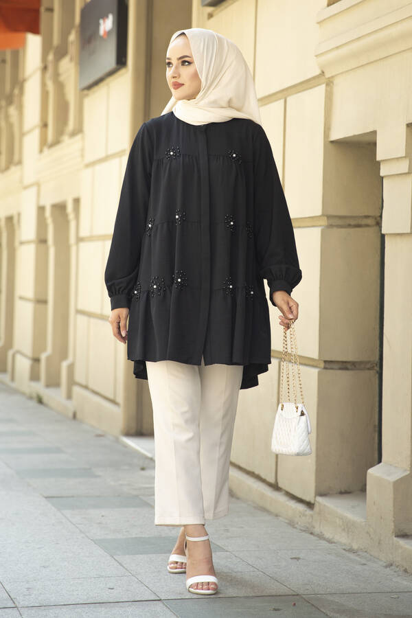 İnci Detaylı Salaş Tunik Siyah