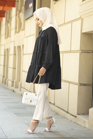 İnci Detaylı Salaş Tunik Siyah - Thumbnail