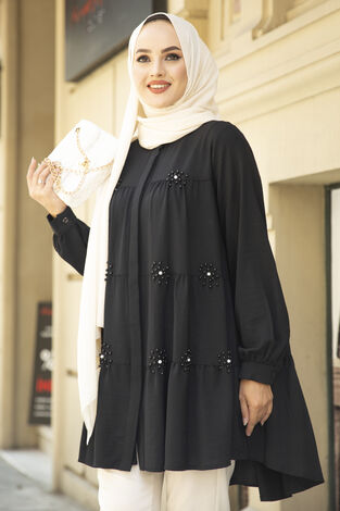 İnci Detaylı Salaş Tunik Siyah - Thumbnail