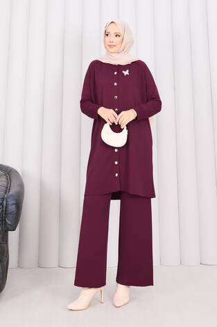 İnci Kelebek Broşlu Tesettür Triko Takım Bordo - Thumbnail