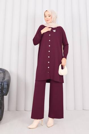 İnci Kelebek Broşlu Tesettür Triko Takım Bordo - Thumbnail