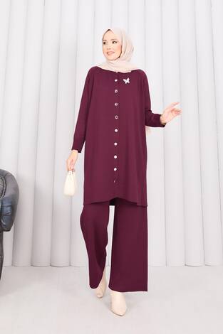 İnci Kelebek Broşlu Tesettür Triko Takım Bordo - Thumbnail