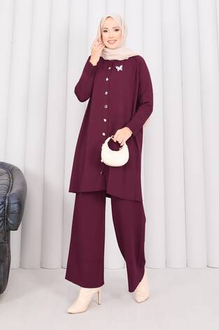 İnci Kelebek Broşlu Tesettür Triko Takım Bordo - Thumbnail