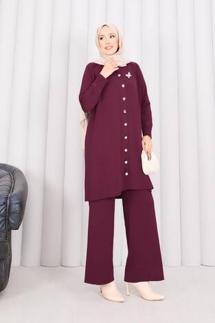 İnci Kelebek Broşlu Tesettür Triko Takım Bordo - Thumbnail