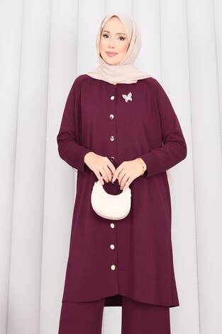 İnci Kelebek Broşlu Tesettür Triko Takım Bordo - Thumbnail