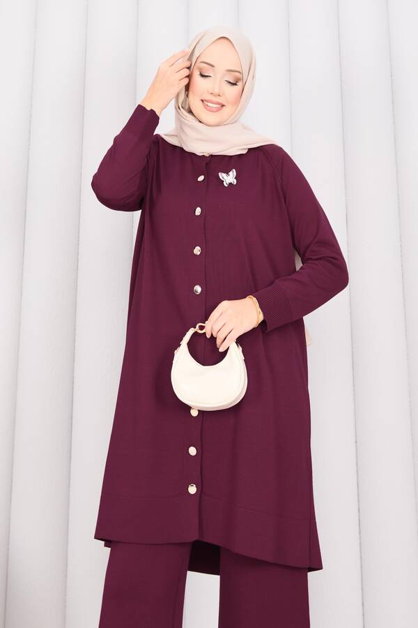 Frx - İnci Kelebek Broşlu Tesettür Triko Takım Bordo (1)