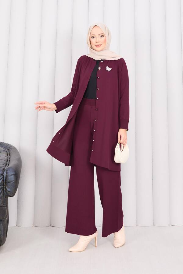 Frx - İnci Kelebek Broşlu Tesettür Triko Takım Bordo