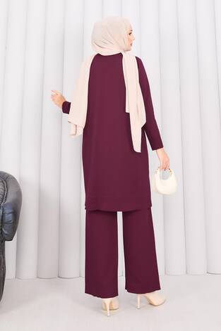İnci Kelebek Broşlu Tesettür Triko Takım Bordo - Thumbnail
