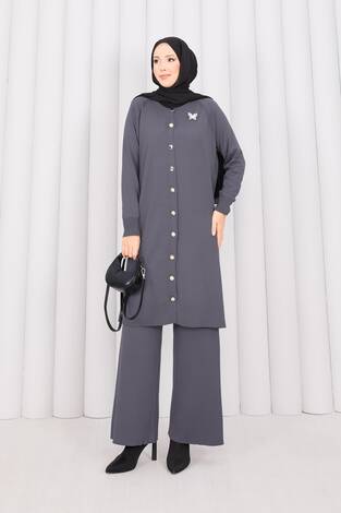 İnci Kelebek Broşlu Tesettür Triko Takım Gri