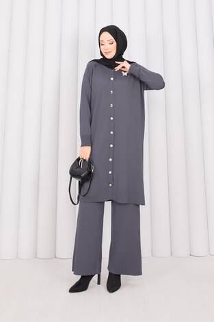 İnci Kelebek Broşlu Tesettür Triko Takım Gri - Thumbnail