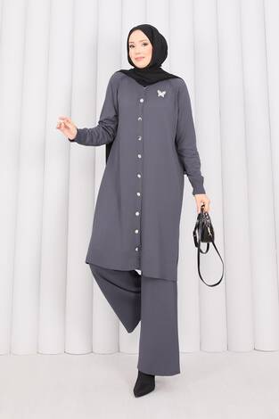 İnci Kelebek Broşlu Tesettür Triko Takım Gri - Thumbnail