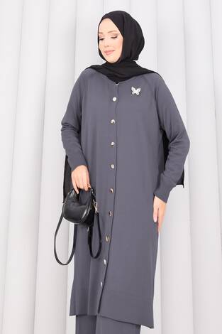 İnci Kelebek Broşlu Tesettür Triko Takım Gri - Thumbnail