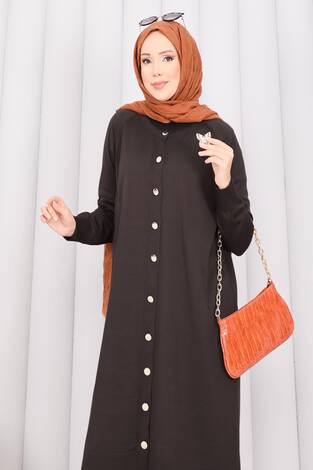 İnci Kelebek Broşlu Tesettür Triko Takım Kahve - Thumbnail