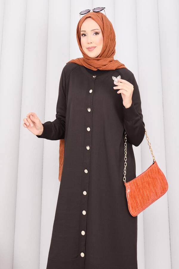 Frx - İnci Kelebek Broşlu Tesettür Triko Takım Kahve (1)