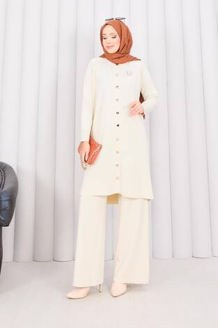 İnci Kelebek Broşlu Tesettür Triko Takım Krem - Thumbnail
