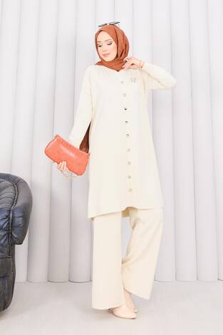 İnci Kelebek Broşlu Tesettür Triko Takım Krem - Thumbnail