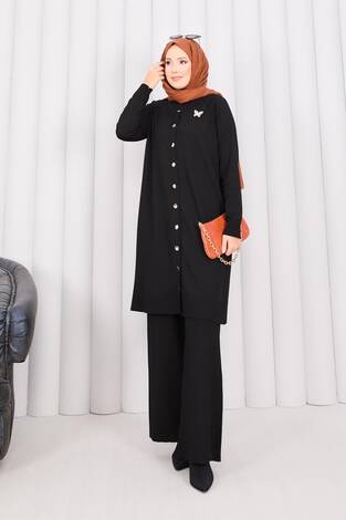 İnci Kelebek Broşlu Tesettür Triko Takım Siyah - Thumbnail