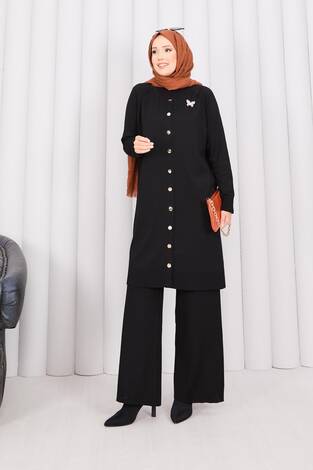 İnci Kelebek Broşlu Tesettür Triko Takım Siyah - Thumbnail