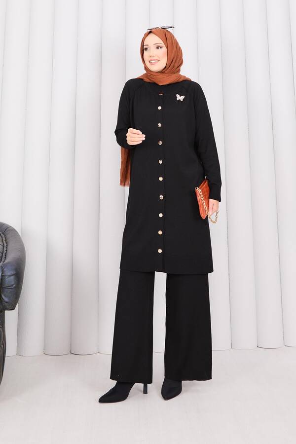 Frx - İnci Kelebek Broşlu Tesettür Triko Takım Siyah
