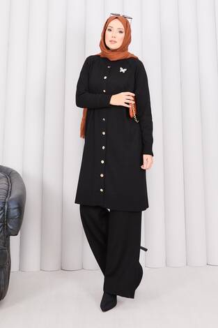 İnci Kelebek Broşlu Tesettür Triko Takım Siyah - Thumbnail