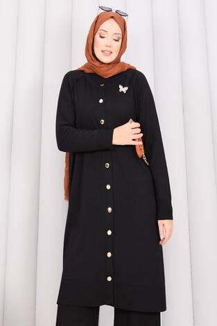 İnci Kelebek Broşlu Tesettür Triko Takım Siyah - Thumbnail