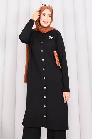 İnci Kelebek Broşlu Tesettür Triko Takım Siyah - Thumbnail