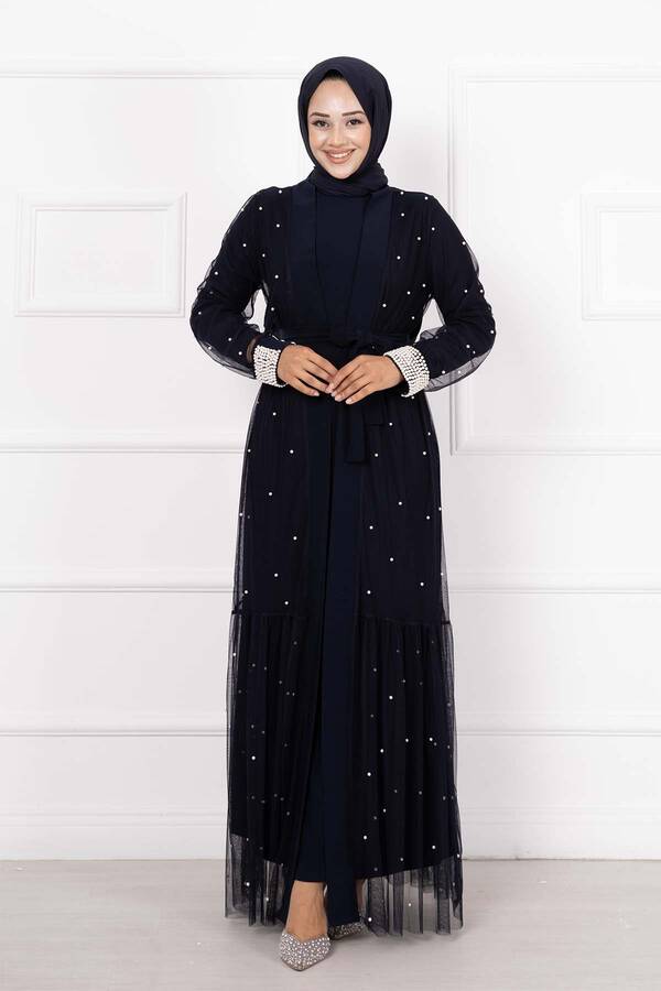 İncili Abaya Tesettür İkili Takım Lacivert