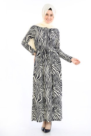 Beli Kuşakli Desenli Elbise 8546-01 Lacivert - Thumbnail