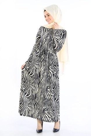 Beli Kuşakli Desenli Elbise 8546-01 Lacivert - Thumbnail