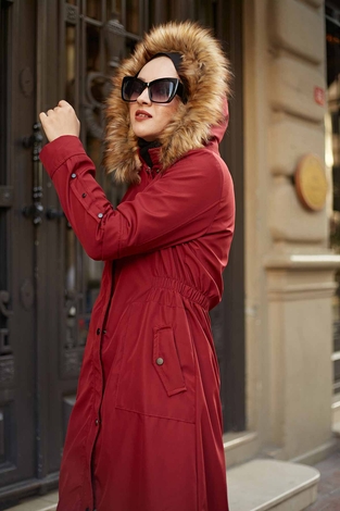 inner Fur Coat 4319-2 Burgundy - Thumbnail