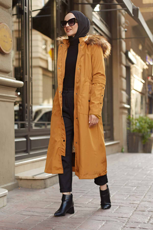 inner Fur Coat 4319-4 Mustard - Thumbnail